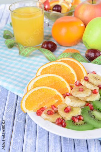 Photo: Sweet fresh fruits on plate on table close-up Sweet fresh fruits on plate on table close-up