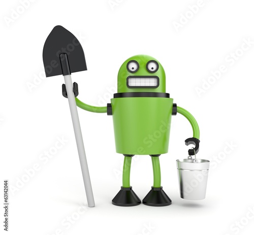 Illustration: Robot with bucket and shovel Robot with bucket and shovel