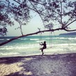 child on home made swing under tree on beack in cambodia child on home made swing under tree on beack in cambodia