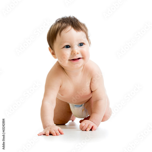 Photo: smiling crawling baby isolated on white background smiling crawling baby isolated on white background