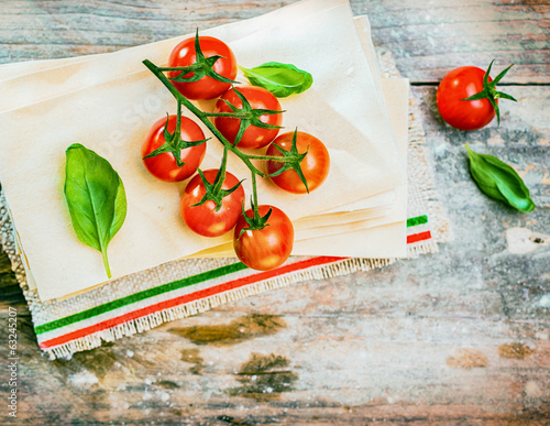 Photo: Cherry tomatoes, basil and dried lasagne sheets Cherry tomatoes, basil and dried lasagne sheets