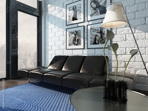 Illustration: Living room interior with black leather couch against brick wall Living room interior with black leather couch against brick wall
