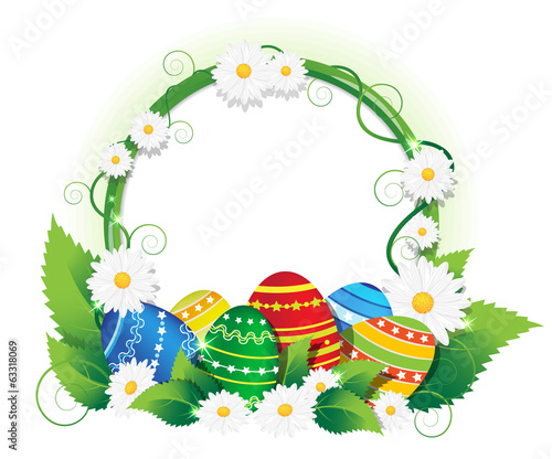 Vector: Easter eggs with lush foliage and daisies Easter eggs with lush foliage and daisies