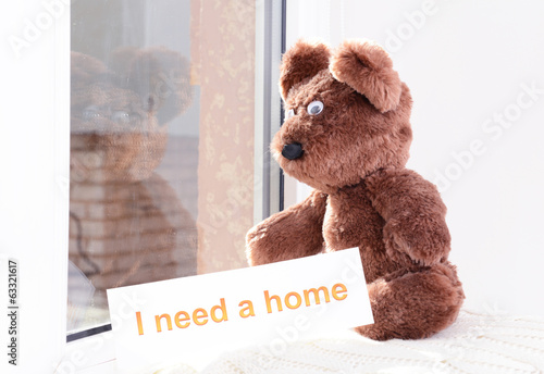 Photo: Toy-bear looking out window close-up Toy-bear looking out window close-up