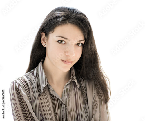 Photo: Beautiful brunette girl face closeup isolated on white. Beautiful brunette girl face closeup isolated on white.