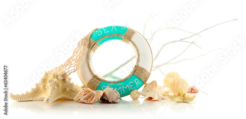 Photo: Lifebuoy and sea shells, isolated on white Lifebuoy and sea shells, isolated on white