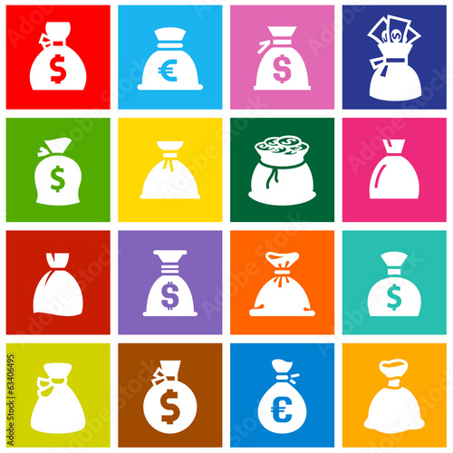 Vector: Money bags, set icons on colored squares Money bags, set icons on colored squares