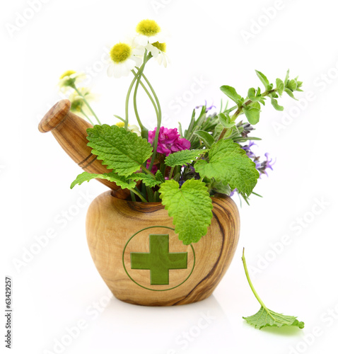 Photo: Wooden mortar with pharmacy cross and fresh herbs Wooden mortar with pharmacy cross and fresh herbs
