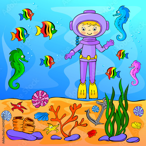 Vector: Underwater world with diver Underwater world with diver