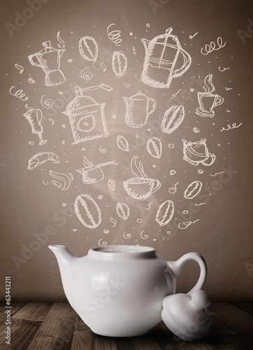 Photo: Tea pot with hand drawn kitchen accessories Tea pot with hand drawn kitchen accessories