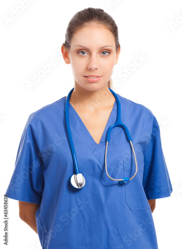 Photo: Portrait of a beautiful nurse isolated on white Portrait of a beautiful nurse isolated on white