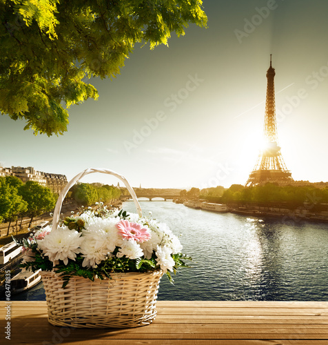flowers in basket and Eiffel tower, Paris