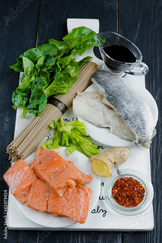 Photo: Raw ingredients for making Chinese soba noodles with fish Raw ingredients for making Chinese soba noodles with fish