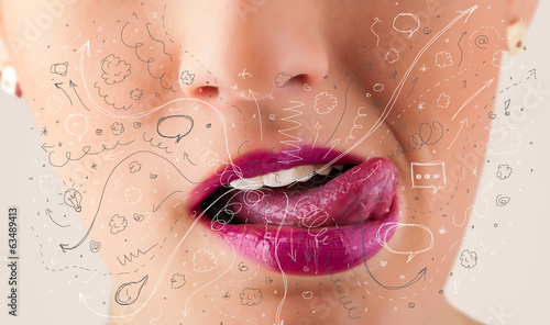 Photo: Pretty woman mouth blowing hand drawn icons and symbols Pretty woman mouth blowing hand drawn icons and symbols