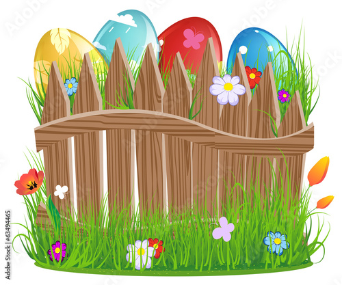 Vector: Easter eggs with grass and fence Easter eggs with grass and fence
