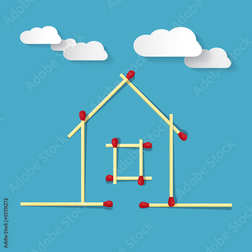 Vector: House Symbol Made from Matches on Blue Background House Symbol Made from Matches on Blue Background