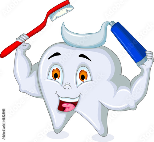Vector: Tooth cartoon holding toothbrush and toothpaste Tooth cartoon holding toothbrush and toothpaste