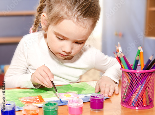 Photo: Little girl drawing with paint and paintbrush Little girl drawing with paint and paintbrush