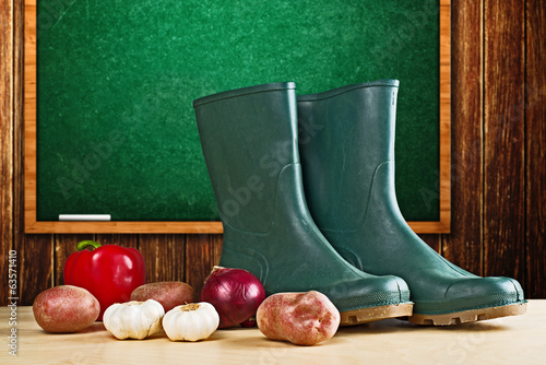 Photo: Rubber boots and various vegetable Rubber boots and various vegetable