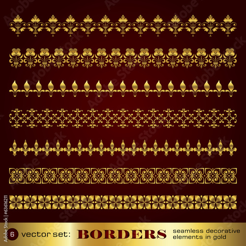 Vector: Borders seamless decorative elements in gold set 6 Borders seamless decorative elements in gold set 6
