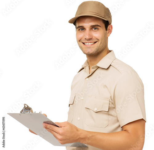 Photo: Happy Deliveryman Holding Clipboard Happy Deliveryman Holding Clipboard