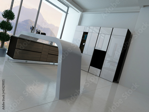 Illustration: ..Modern kitchen interior with landscape view ..Modern kitchen interior with landscape view
