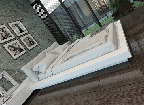 Illustration: Modern bedroom interior with stone wall Modern bedroom interior with stone wall