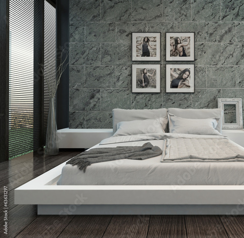 Illustration: Modern bedroom interior with stone wall Modern bedroom interior with stone wall
