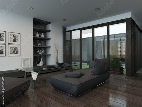 Illustration: Modern living room interior with gray couch and parquet floor Modern living room interior with gray couch and parquet floor