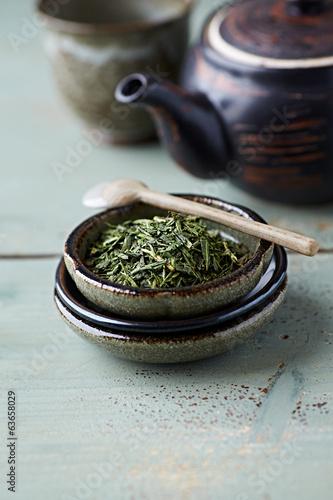 Photo: Sencha Green Tea on a Ceramic Plate Sencha Green Tea on a Ceramic Plate