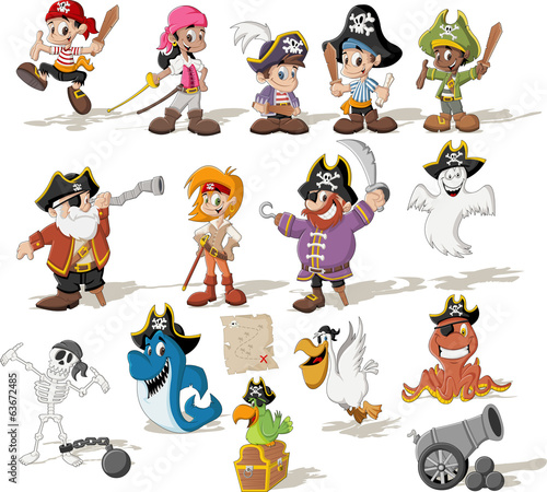 Vector: Group of cartoon pirates with funny animals Group of cartoon pirates with funny animals