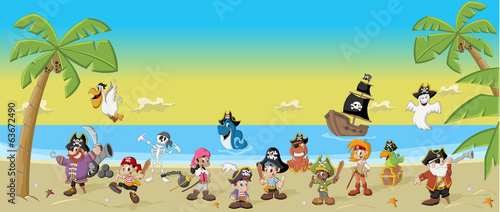 Vector: Cartoon pirates with funny animals on a beautiful tropical beach Cartoon pirates with funny animals on a beautiful tropical beach