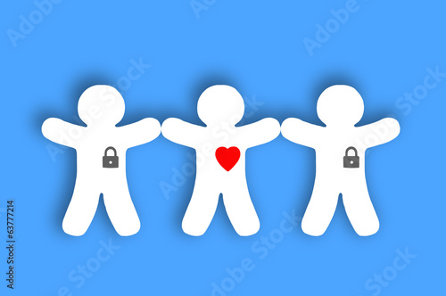 Illustration: Paper white people with locked hearts over blue background Paper white people with locked hearts over blue background