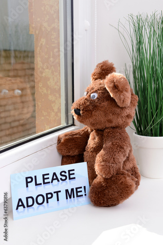 Photo: Toy-bear looking out window close-up Toy-bear looking out window close-up