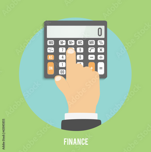 Vector: Calculator icon. Hand considers on the calculator Calculator icon. Hand considers on the calculator