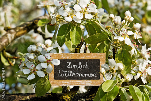 Photo: Schild zwischen Blüten, Herzlich Willkommen - sign, welcome Schild zwischen Blüten, Herzlich Willkommen - sign, welcome