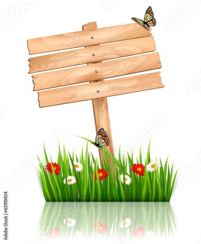Vector: Nature background with green grass and flowers and wooden sign V Nature background with green grass and flowers and wooden sign V