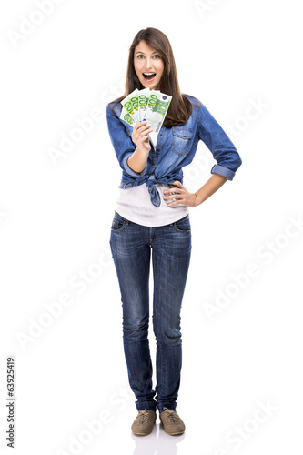Photo: Beauitful woman holding some Euro currency notes Beauitful woman holding some Euro currency notes