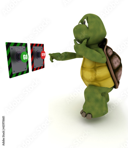 Illustration: Tortoise deciding which button to push Tortoise deciding which button to push