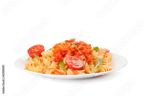 Photo: Pasta with cherry tomatoes and arugula leaves Pasta with cherry tomatoes and arugula leaves
