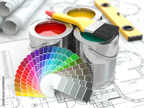 Illustration: Construction. Cans of paint with colour palette and paintbrush. Construction. Cans of paint with colour palette and paintbrush.