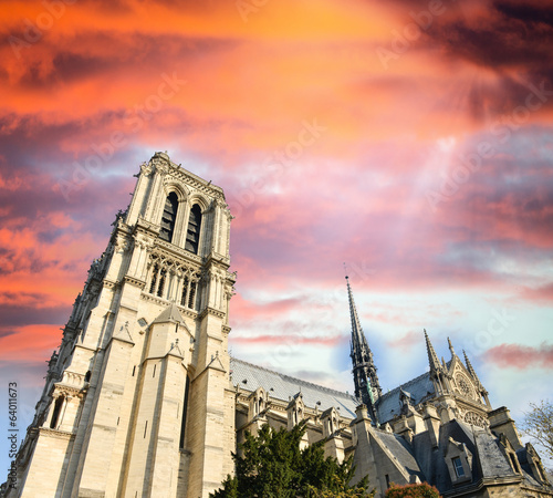 Notre Dame Cathedral, Paris. Beautiful perspective view at sunse