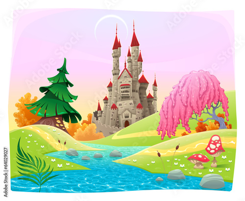 Vector: Mythological landscape with medieval castle. Mythological landscape with medieval castle.