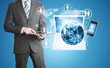 Man holding tablet. Near the earth and electronics Man holding tablet. Near the earth and electronics