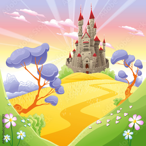 Vector: Mythological landscape with medieval castle. Mythological landscape with medieval castle.