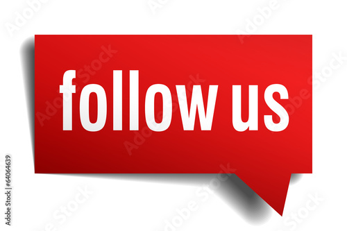 Vector: Follow us red 3d realistic paper speech bubble isolated on white Follow us red 3d realistic paper speech bubble isolated on white