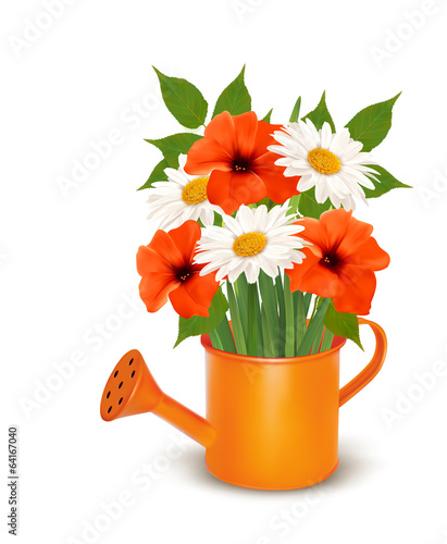 Vector: Summer flowers in a watering can. Vector. Summer flowers in a watering can. Vector.