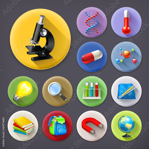 Vector: Science and education, long shadow icon set Science and education, long shadow icon set
