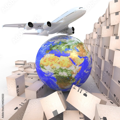 Illustration: Airliner with a globe and boxes Airliner with a globe and boxes