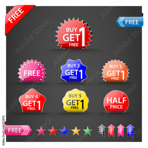 Vector: Buy one get one free, promotional sale labels set. Buy one get one free, promotional sale labels set.